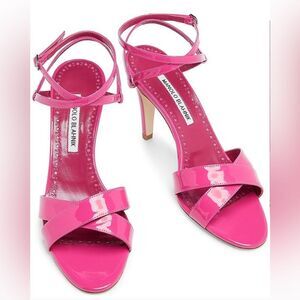 Manolo Blahnik Tormentas 90MM Patent Leather Ankle-Wrap Sandals size 41